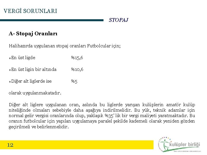VERGİ SORUNLARI STOPAJ A- Stopaj Oranları Halihazırda uygulanan stopaj oranları Futbolcular için; v En