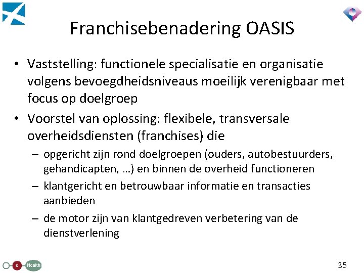 Franchisebenadering OASIS • Vaststelling: functionele specialisatie en organisatie volgens bevoegdheidsniveaus moeilijk verenigbaar met focus