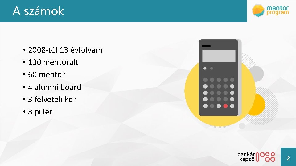 A számok • 2008 -tól 13 évfolyam • 130 mentorált • 60 mentor •