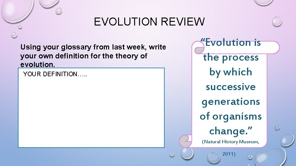 EVOLUTION REVIEW Using your glossary from last week, write your own definition for theory