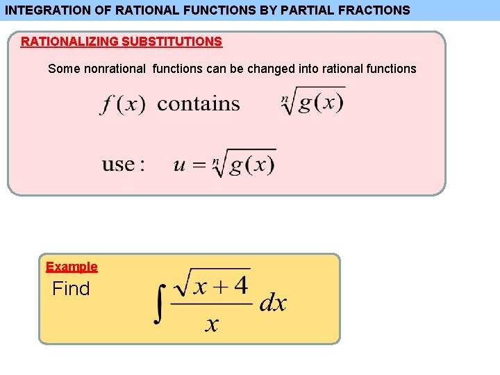 INTEGRATION OF RATIONAL FUNCTIONS BY PARTIAL FRACTIONS RATIONALIZING SUBSTITUTIONS Some nonrational functions can be