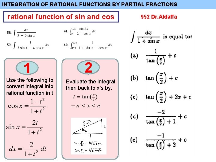 INTEGRATION OF RATIONAL FUNCTIONS BY PARTIAL FRACTIONS rational function of sin and cos 1