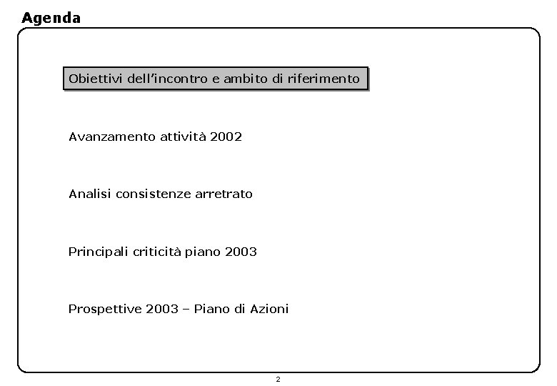 Agenda Obiettivi dell’incontro e ambito di riferimento Avanzamento attività 2002 Analisi consistenze arretrato Principali