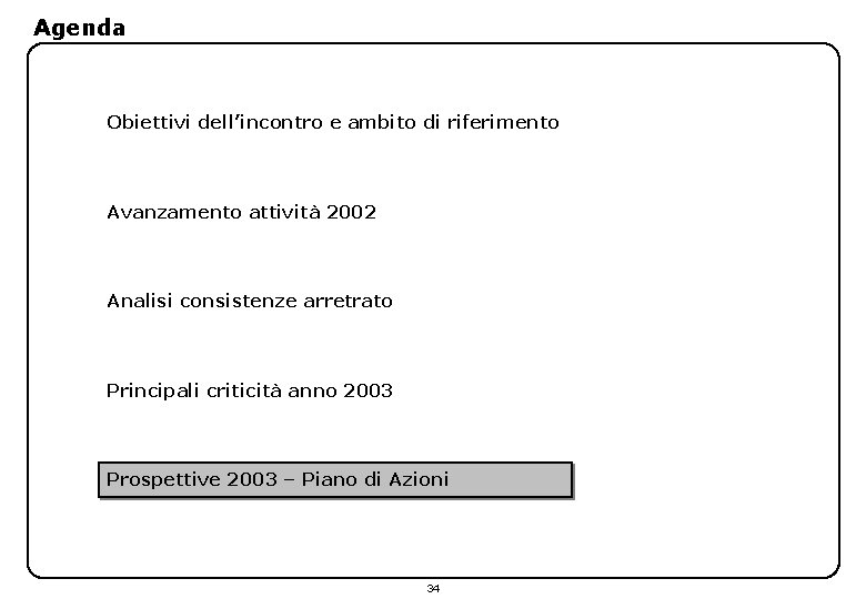 Agenda Obiettivi dell’incontro e ambito di riferimento Avanzamento attività 2002 Analisi consistenze arretrato Principali