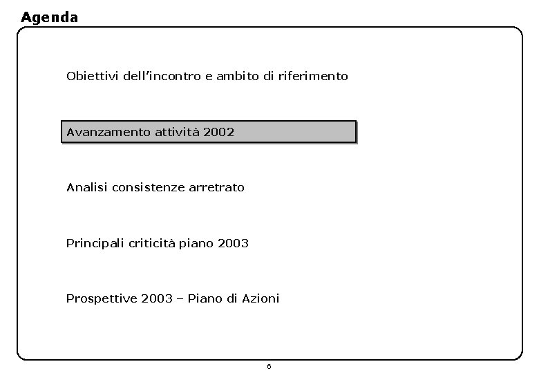Agenda Obiettivi dell’incontro e ambito di riferimento Avanzamento attività 2002 Analisi consistenze arretrato Principali