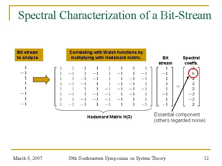 Spectral Characterization of a Bit-Stream Bit stream to analyze Correlating with Walsh functions by