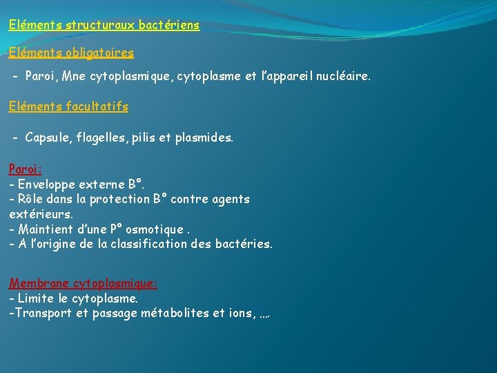 Eléments structuraux bactériens Eléments obligatoires - Paroi, Mne cytoplasmique, cytoplasme et l’appareil nucléaire. Eléments