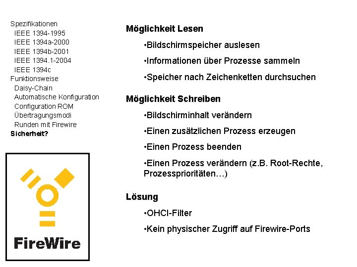 Spezifikationen IEEE 1394 -1995 IEEE 1394 a-2000 IEEE 1394 b-2001 IEEE 1394. 1 -2004