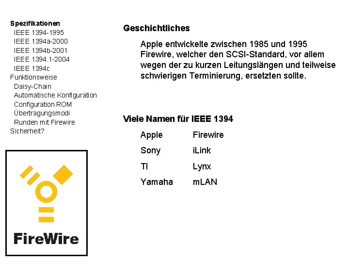 Spezifikationen IEEE 1394 -1995 IEEE 1394 a-2000 IEEE 1394 b-2001 IEEE 1394. 1 -2004