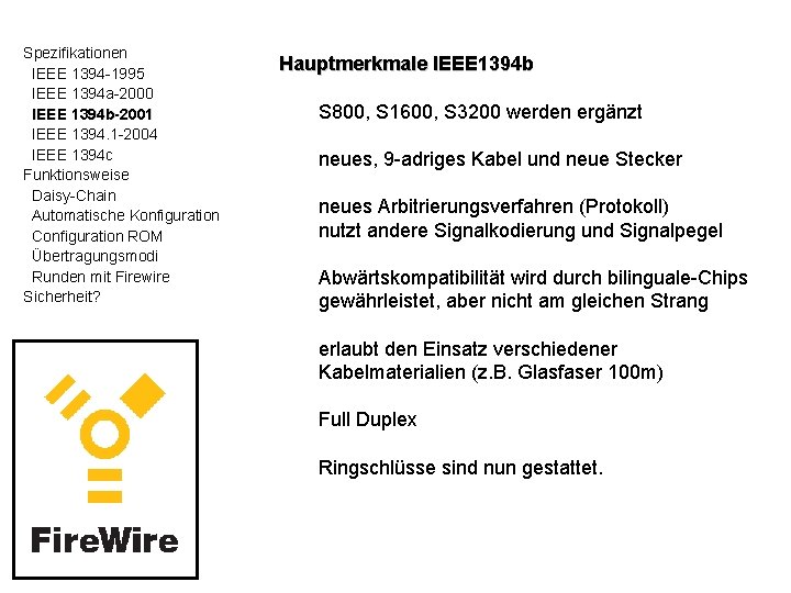 Spezifikationen IEEE 1394 -1995 IEEE 1394 a-2000 IEEE 1394 b-2001 IEEE 1394. 1 -2004