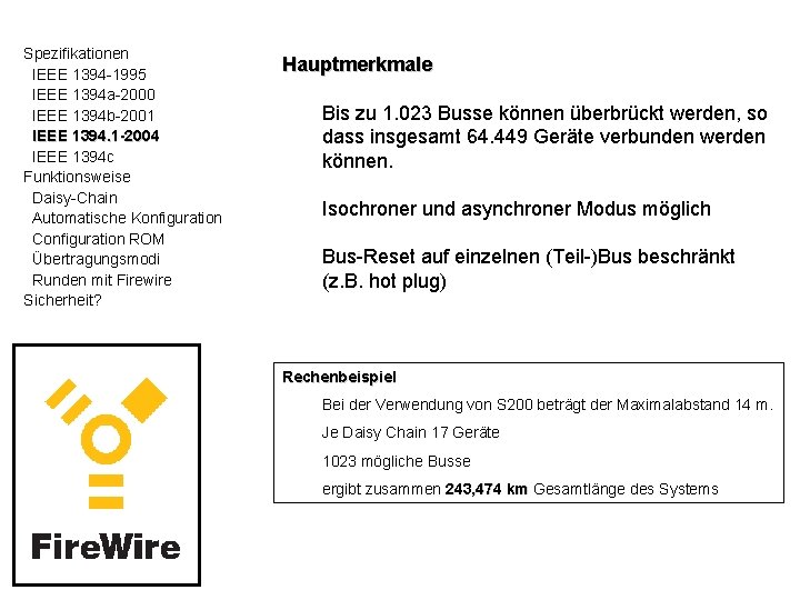 Spezifikationen IEEE 1394 -1995 IEEE 1394 a-2000 IEEE 1394 b-2001 IEEE 1394. 1 -2004