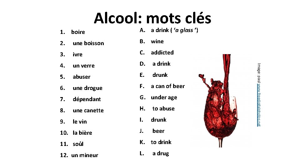 Alcool: mots clés A. a drink ( ‘a glass ’) 2. une boisson B.