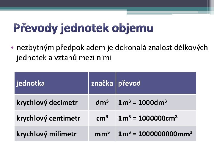  • nezbytným předpokladem je dokonalá znalost délkových jednotek a vztahů mezi nimi jednotka