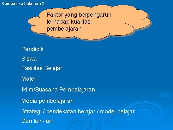 Kembali ke halaman 2 Faktor yang berpengaruh terhadap kualitas pembelajaran Pendidik Siswa Fasilitas Belajar