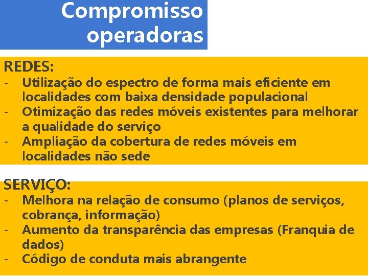 Compromisso operadoras REDES: ‐ ‐ ‐ Utilização do espectro de forma mais eficiente em