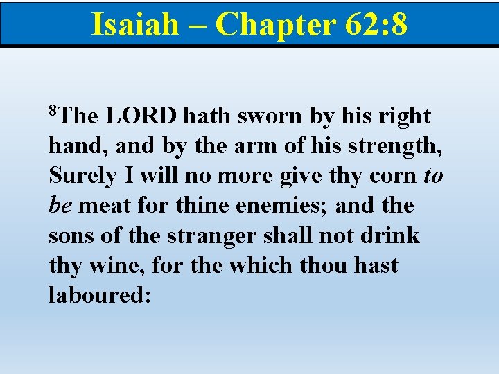Isaiah – Chapter 62: 8 8 The LORD hath sworn by his right hand,