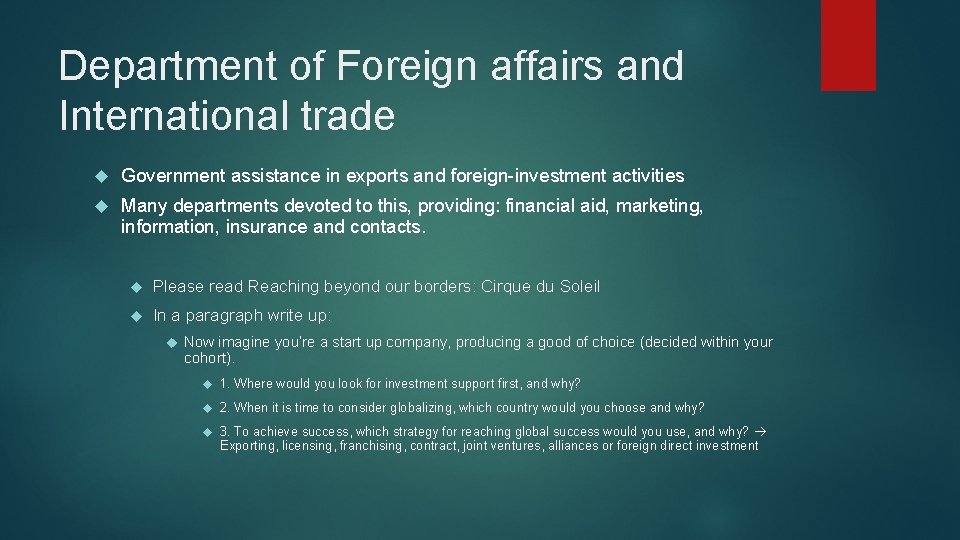 Department of Foreign affairs and International trade Government assistance in exports and foreign-investment activities