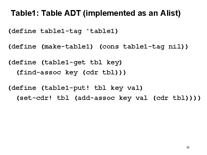 Table 1: Table ADT (implemented as an Alist) (define table 1 -tag 'table 1)