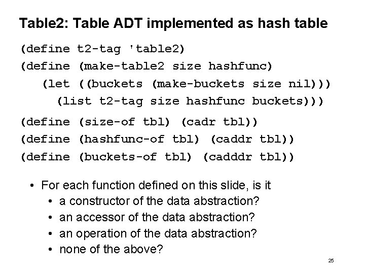 Table 2: Table ADT implemented as hash table (define t 2 -tag 'table 2)