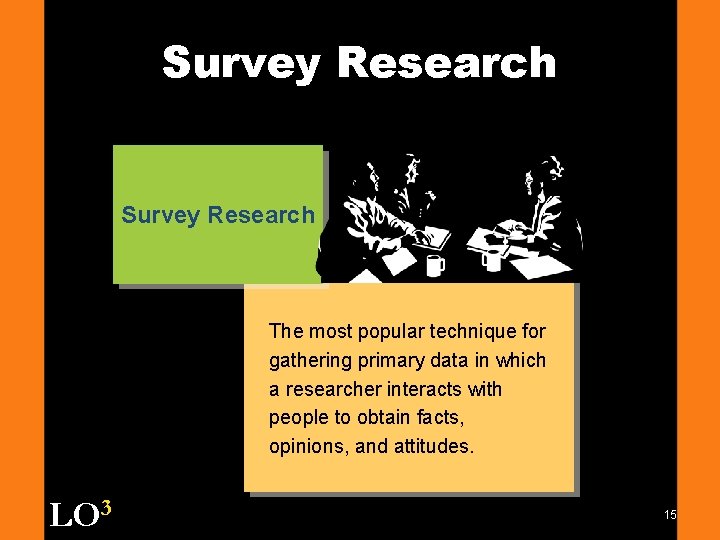 Survey Research The most popular technique for gathering primary data in which a researcher
