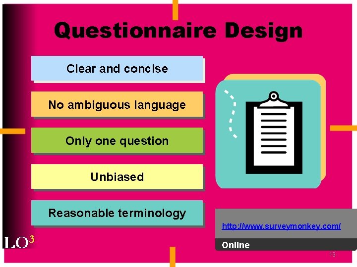 Questionnaire Design Clear and concise No ambiguous language Only one question Unbiased Reasonable terminology