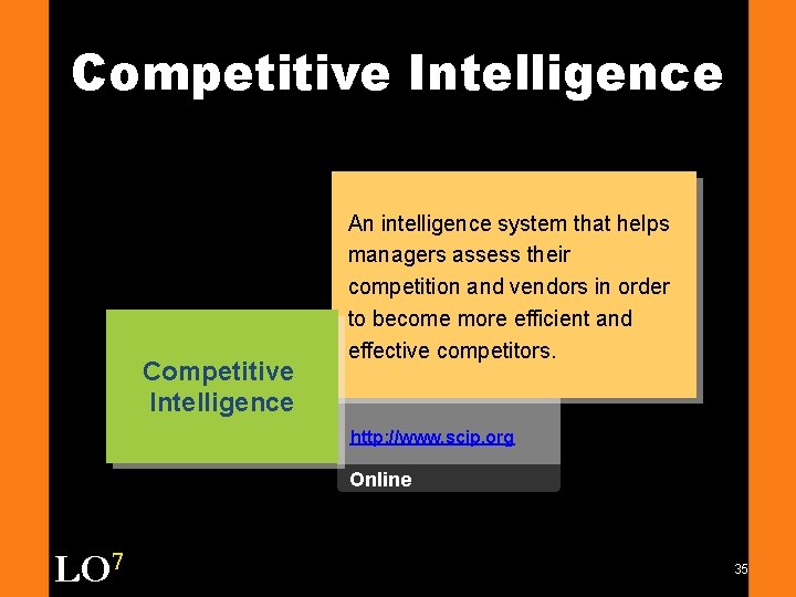 Competitive Intelligence An intelligence system that helps managers assess their competition and vendors in