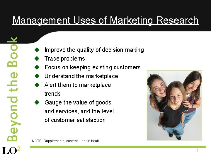 Beyond the Book Management Uses of Marketing Research LO 2 u u u Improve