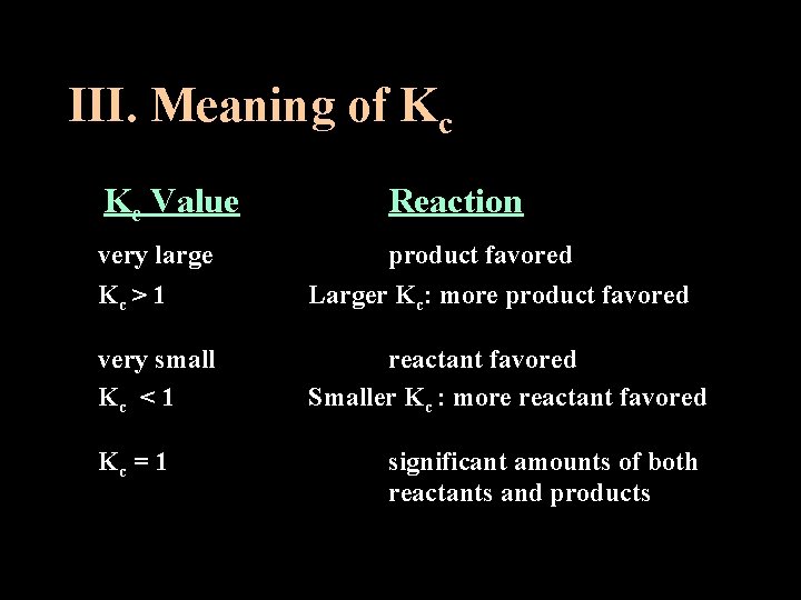 III. Meaning of Kc Kc Value Reaction very large product favored Kc > 1