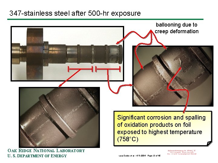 347 -stainless steel after 500 -hr exposure ballooning due to creep deformation Significant corrosion
