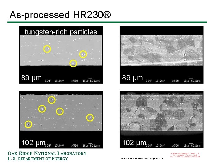 As-processed HR 230® tungsten-rich particles 89 µm 102 µm OAK RIDGE NATIONAL LABORATORY U.