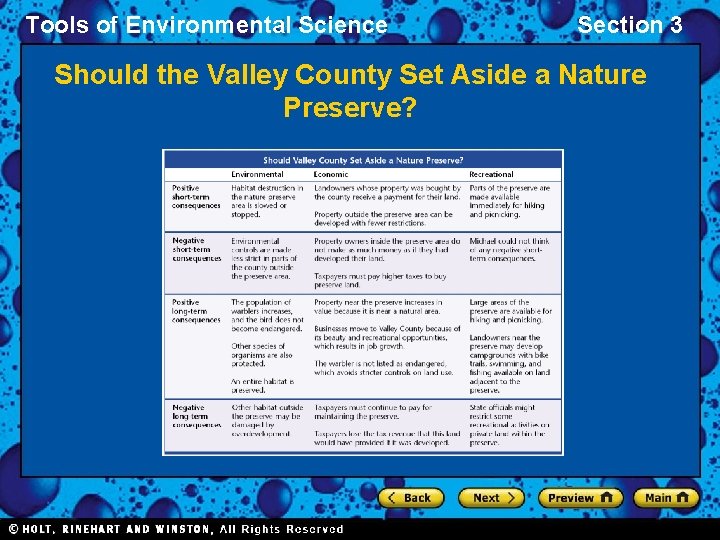 Tools of Environmental Science Section 3 Should the Valley County Set Aside a Nature