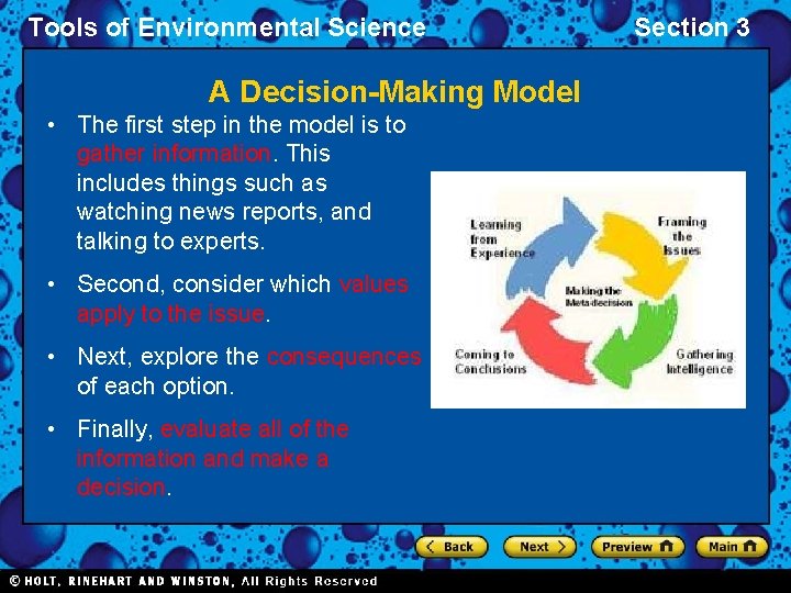 Tools of Environmental Science A Decision-Making Model • The first step in the model