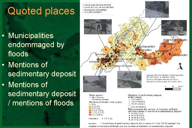 Quoted places • Municipalities endommaged by floods • Mentions of sedimentary deposit / mentions
