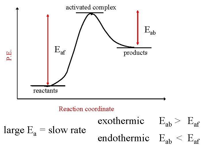 activated complex P. E. Eab Eaf products reactants Reaction coordinate large Ea = slow