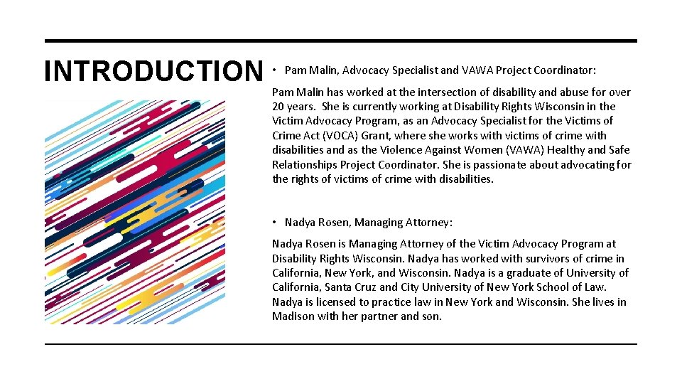 INTRODUCTION • Pam Malin, Advocacy Specialist and VAWA Project Coordinator: Pam Malin has worked