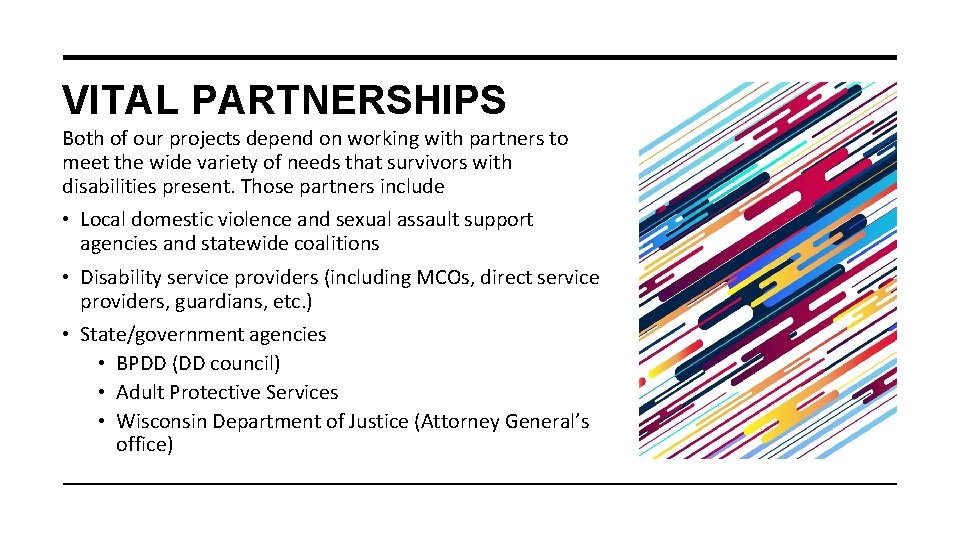 VITAL PARTNERSHIPS Both of our projects depend on working with partners to meet the