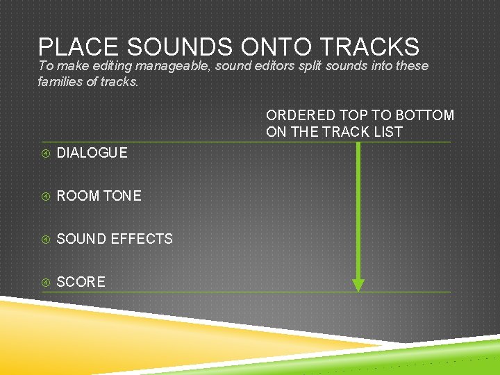 PLACE SOUNDS ONTO TRACKS To make editing manageable, sound editors split sounds into these