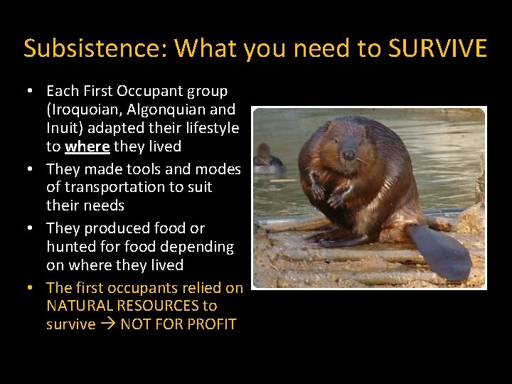 Subsistence: What you need to SURVIVE • Each First Occupant group (Iroquoian, Algonquian and