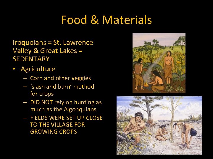 Food & Materials Iroquoians = St. Lawrence Valley & Great Lakes = SEDENTARY •