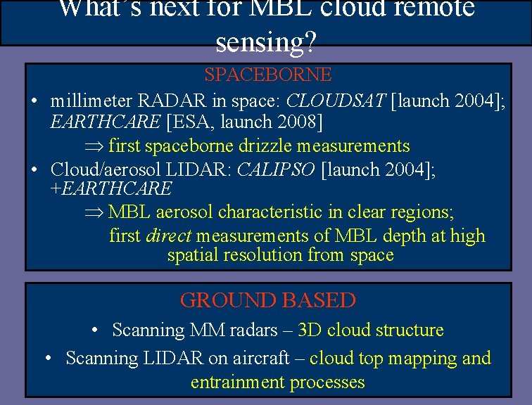 What’s next for MBL cloud remote sensing? SPACEBORNE • millimeter RADAR in space: CLOUDSAT