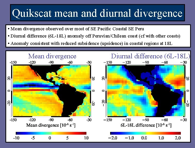 Quikscat mean and diurnal divergence • Mean divergence observed over most of SE Pacific