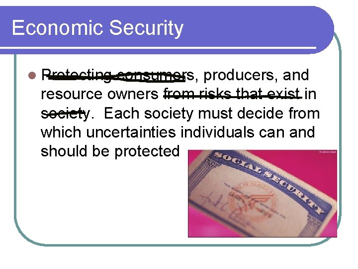 Economic Security l Protecting consumers, producers, and resource owners from risks that exist in