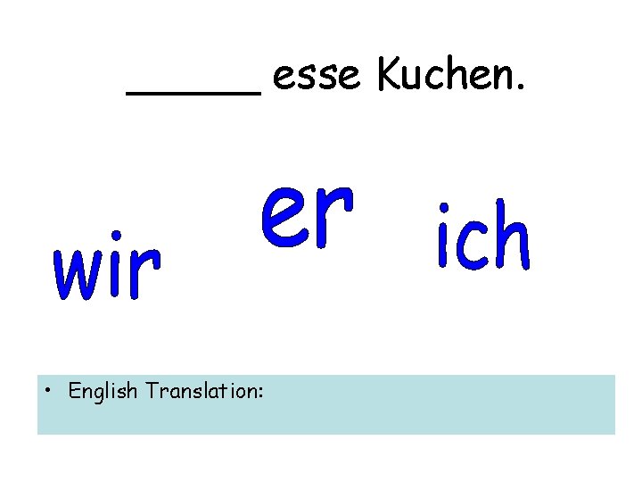 _____ esse Kuchen. • English Translation: 