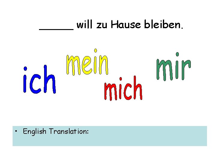 _____ will zu Hause bleiben. • English Translation: 