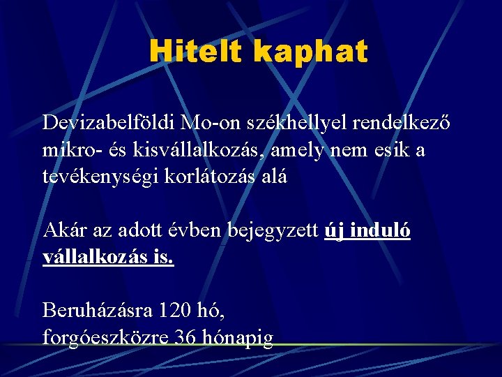 Hitelt kaphat Devizabelföldi Mo-on székhellyel rendelkező mikro- és kisvállalkozás, amely nem esik a tevékenységi