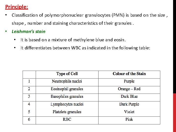 Principle: • Classification of polymorphonuclear granulocytes (PMN) is based on the size , shape
