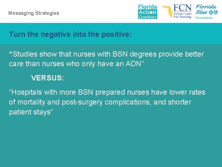 Messaging Strategies Turn the negative into the positive: “Studies show that nurses with BSN