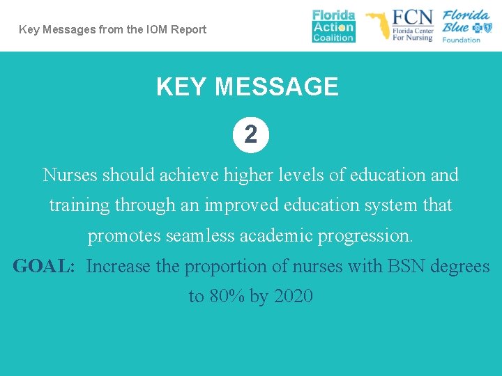 Key Messages from the IOM Report KEY MESSAGE 2 Nurses should achieve higher levels