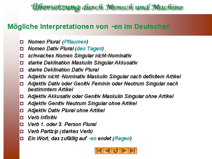 Mögliche Interpretationen von ‑en im Deutschen ¨ ¨ ¨ ¨ Nomen Plural (Pflaumen) Nomen