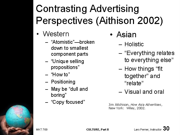 Contrasting Advertising Perspectives (Aithison 2002) • Western • Asian – “Atomistic”—broken down to smallest